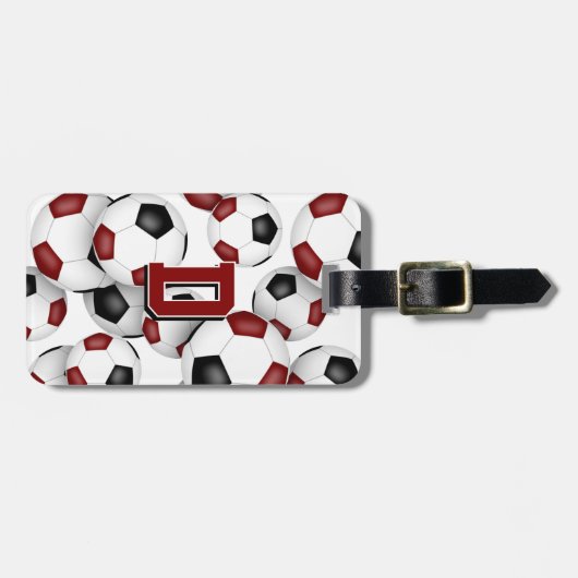 custom athlete monogram maroon black soccer balls bagagelabel (Voorkant horizontaal)