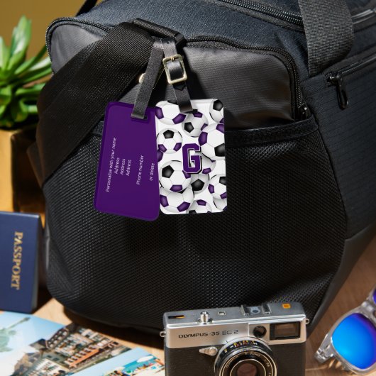 custom athlete monogram purple black soccer balls bagagelabel (Voorkant /achterkant)