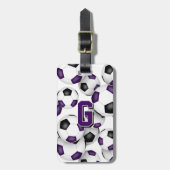 custom athlete monogram purple black soccer balls bagagelabel (Voorkant verticaal)