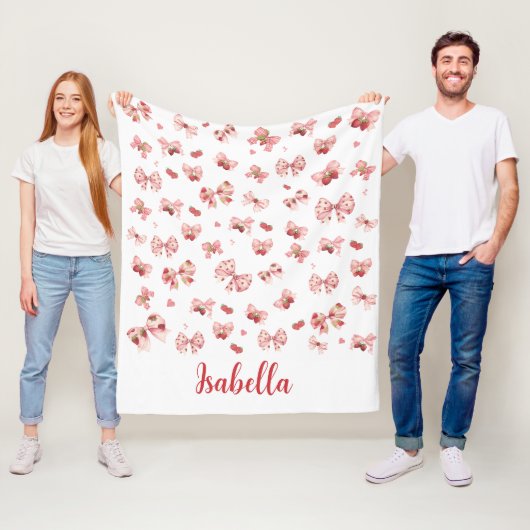 Custom baby blanket with pink bows & strawberries  fleece deken (In situ)