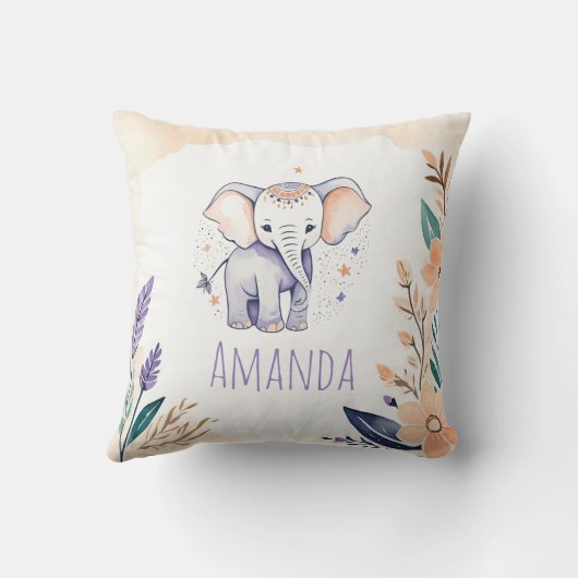 Custom Baby Elephant Pillow Boho Floral Design - Kussen (Achterkant)