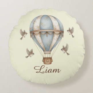 Custom Baby Name Watercolor Vintage Hot Air Balloo Rond Kussen