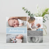 Custom Baby Photo Collage Blue White Modern Script (Staand voorkant)