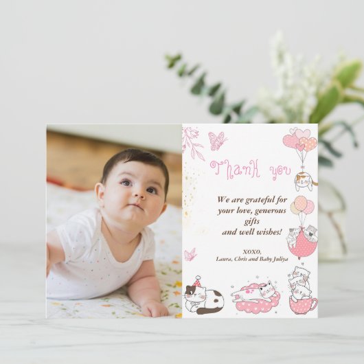 Custom Baby shower Foto met katten Bedankkaart (Staand voorkant)