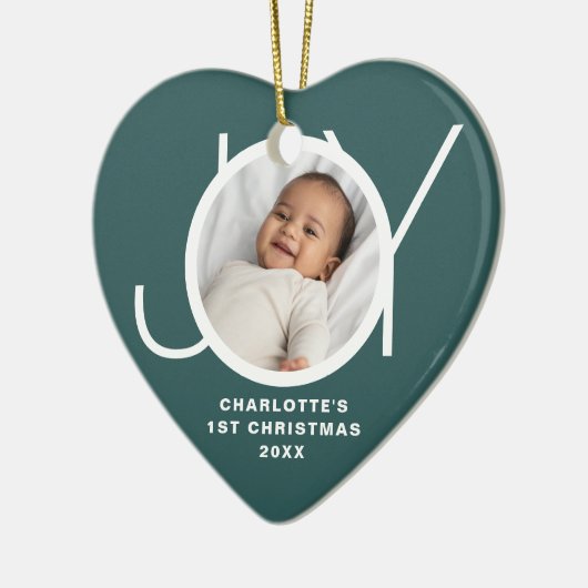 Custom Baby's Eerste Kerstfoto Groen Keramisch Ornament (Links)