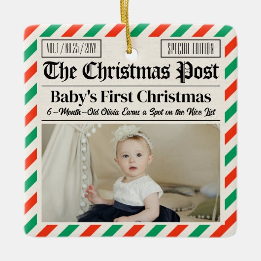 Custom Baby's First Christmas Newspaper Keramisch Ornament (Voorkant)