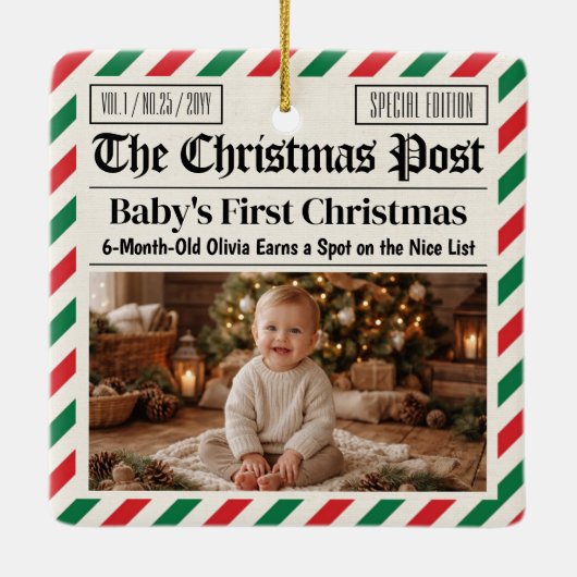 Custom Baby's First Christmas Newspaper Keramisch Ornament (Achterkant)