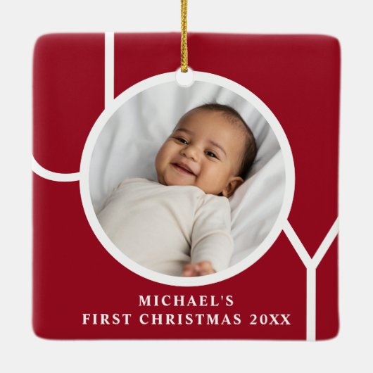 Custom Baby's First Christmas Photo Red Keramisch Ornament (Achterkant)
