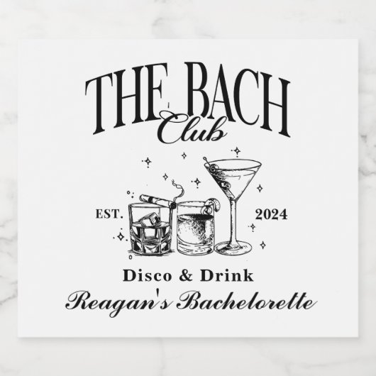 Custom Bach Club Bachelorette Retro Cocktail Zwart Sparkling Wijnetiket (Enkel label)