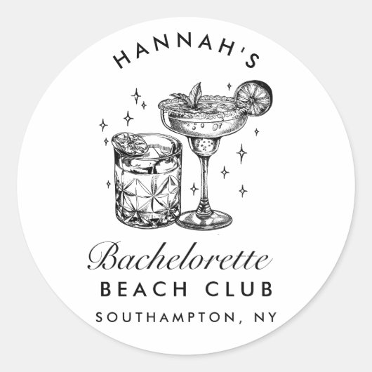 Custom Bachelorette Retro Cocktail Zwart Ronde Sticker (Voorkant)