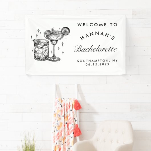Custom Bachelorette Retro Cocktail Zwart Spandoek (Insitu)