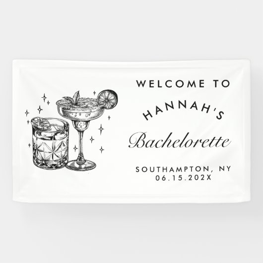 Custom Bachelorette Retro Cocktail Zwart Spandoek (Horizontaal)