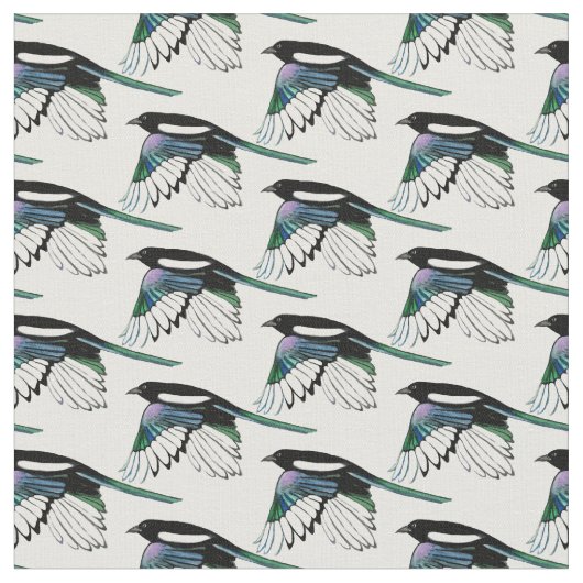 Custom back Kleur Magpie Bird in Flight Waterverf Stof (Close Up)