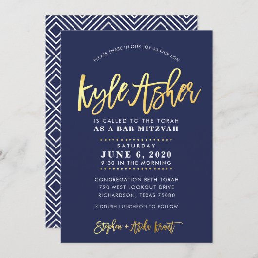 CUSTOM Bar Mitswa moderne marine + gouden naam KYL Kaart (Voorkant / Achterkant)