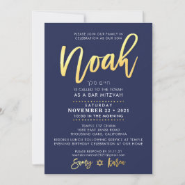 CUSTOM Bar Mitswa Uitnodigen voor Noah Navy + goud Kaart