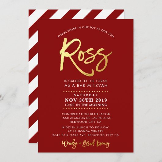 CUSTOM Bar Mitswa Uitnodigen voor Ross rood + goud Kaart (Voorkant / Achterkant)