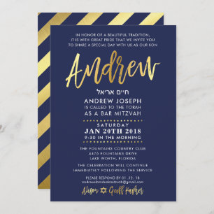 CUSTOM Bar Mitzvah Invite voor Andrew Navy + Gold Kaart