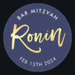 CUSTOM Bar Mitzvah marine   goud voor RONIN Ronde Sticker<br><div class="desc">door kat massard >> WWW.SIMPLYSWEETPAPERIE.COM << << *** NOTE - HET SHINY GOLD FOIL EFFECT IS EEN AFGEDRUKT AFBEELDING ** - - - - - - - - - - - - - - - - - - - - - - - - - - - - - - -...</div>