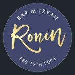 CUSTOM Bar Mitzvah marine   goud voor RONIN Ronde Sticker<br><div class="desc">door kat massard >> WWW.SIMPLYSWEETPAPERIE.COM << << *** NOTE - HET SHINY GOLD FOIL EFFECT IS EEN AFGEDRUKT AFBEELDING ** - - - - - - - - - - - - - - - - - - - - - - - - - - - - - - -...</div>