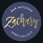 CUSTOM Bar Mitzvah marine   goud ZACHARY Ronde Sticker<br><div class="desc">door kat massard >> WWW.SIMPLYSWEETPAPERIE.COM << << *** NOTE - HET SHINY GOLD FOIL EFFECT IS EEN AFGEDRUKT AFBEELDING ** - - - - - - - - - - - - - - - - - - - - - - - - - - - - - - -...</div>