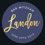 CUSTOM Bar Mitzvah marineblauw   goud LANDON Ronde Sticker<br><div class="desc">door kat massard >> WWW.SIMPLYSWEETPAPERIE.COM << << *** NOTE - HET SHINY GOLD FOIL EFFECT IS EEN AFGEDRUKT AFBEELDING ** - - - - - - - - - - - - - - - - - - - - - - - - - - - - - - -...</div>