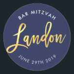 CUSTOM Bar Mitzvah marineblauw   goud LANDON Ronde Sticker<br><div class="desc">door kat massard >> WWW.SIMPLYSWEETPAPERIE.COM << << *** NOTE - HET SHINY GOLD FOIL EFFECT IS EEN AFGEDRUKT AFBEELDING ** - - - - - - - - - - - - - - - - - - - - - - - - - - - - - - -...</div>