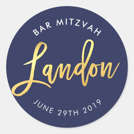 CUSTOM Bar Mitzvah marineblauw + goud LANDON Ronde Sticker (Voorkant)