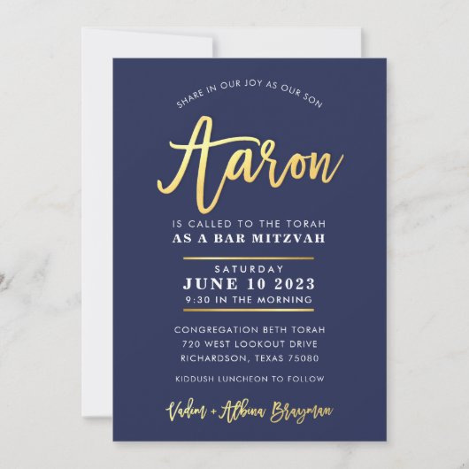 CUSTOM Bar Mitzvah moderne marine + goudnaam AARON Kaart (Voorkant)