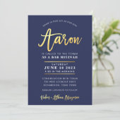 CUSTOM Bar Mitzvah moderne marine + goudnaam AARON Kaart (Staand voorkant)