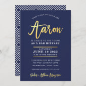 CUSTOM Bar Mitzvah moderne marine + goudnaam AARON Kaart (Voorkant / Achterkant)