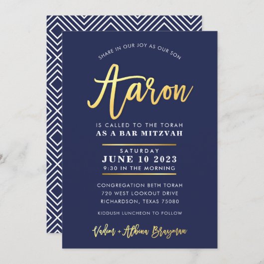 CUSTOM Bar Mitzvah moderne marine + goudnaam AARON Kaart (Voorkant / Achterkant)