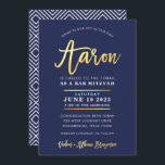CUSTOM Bar Mitzvah moderne marine   goudnaam AARON Kaart<br><div class="desc">*** OPMERKING - HET SHINY GOLD FOIL EFFECT IS EEN GEDRUKT AFBEELDING *** - - - - - - - - - - - - - - - - - - - - - - CONTACT MET ME VOOR aangepast "faux gold foil effect type" Licht het design in, maar zou...</div>