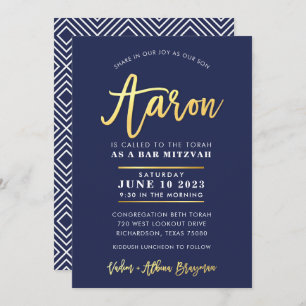 CUSTOM Bar Mitzvah moderne marine + goudnaam AARON Kaart