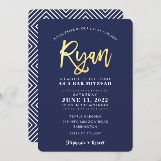 CUSTOM Bar Mitzvah moderne marine + goudnaam RYAN  Kaart (Voorkant / Achterkant)