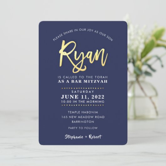 CUSTOM Bar Mitzvah moderne marine + goudnaam RYAN  Kaart (Staand voorkant)