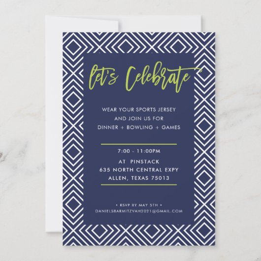 CUSTOM Bar Mitzvah moderne marine + limoen DANIEL Kaart (Achterkant)