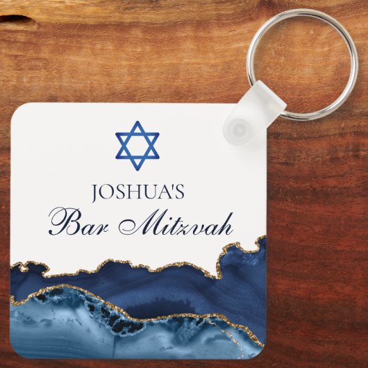 Custom Bar Mitzvah Party Marine Blauw Goud Agaat Sleutelhanger (Achterkant)