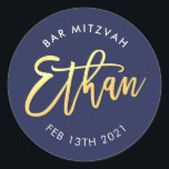 CUSTOM Bar Mitzvah voor Ethan marine   goud Ronde Sticker<br><div class="desc">door kat massard >> WWW.SIMPLYSWEETPAPERIE.COM << << *** NOTE - HET SHINY GOLD FOIL EFFECT IS EEN AFGEDRUKT AFBEELDING ** - - - - - - - - - - - - - - - - - - - - - - - - - - - - - - -...</div>