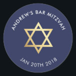 CUSTOM Bar Mitzvah voor joodse ster marine   goud Ronde Sticker<br><div class="desc">door kat massard >> WWW.SIMPLYSWEETPAPERIE.COM << << *** NOTE - HET SHINY GOLD FOIL EFFECT IS EEN AFGEDRUKT AFBEELDING ** - - - - - - - - - - - - - - - - - - - - - - - - - - - - - - -...</div>