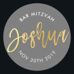 CUSTOM Bar Mitzvah voor Joshua grijs   goud Ronde Sticker<br><div class="desc">*** OPMERKING - HET GLANZENDE GOUDEN FOLIE EFFECT IS EEN BEDRUKT AFBEELDING *** - - - - - - - - - - - - - - - - - - - - - - - - - - - - - - - NEEM CONTACT MET MIJ OP voor aangepaste...</div>