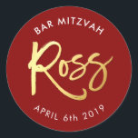 CUSTOM Bar Mitzvah voor Ross rood   faux goud Ronde Sticker<br><div class="desc">*** OPMERKING - HET SHINY GOLD FOIL EFFECT IS EEN GEDRUKT AFBEELDING *** - - - - - - - - - - - CONTACT ME VOOR aangepast 'faux gold foil effect type' Het ontwerp is geweldig, maar ik zou graag een aantal wijzigingen zien - een ander kleurenschema, product, een...</div>