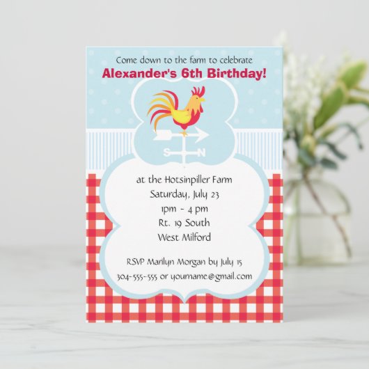 Custom Barnyard Rooster Birthday Party Kaart (Staand voorkant)