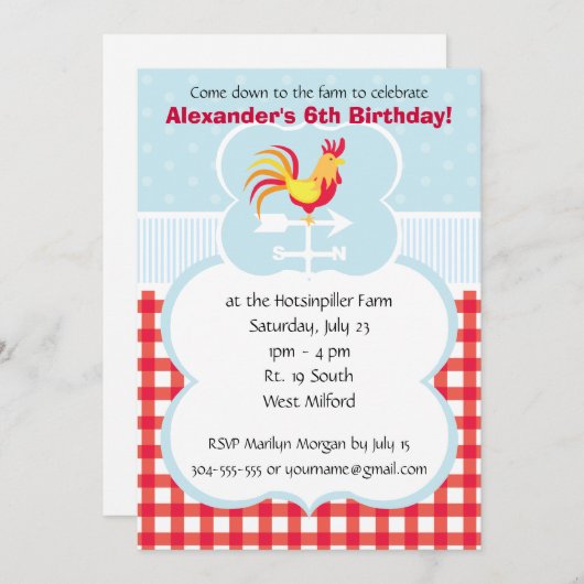 Custom Barnyard Rooster Birthday Party Kaart (Voorkant / Achterkant)