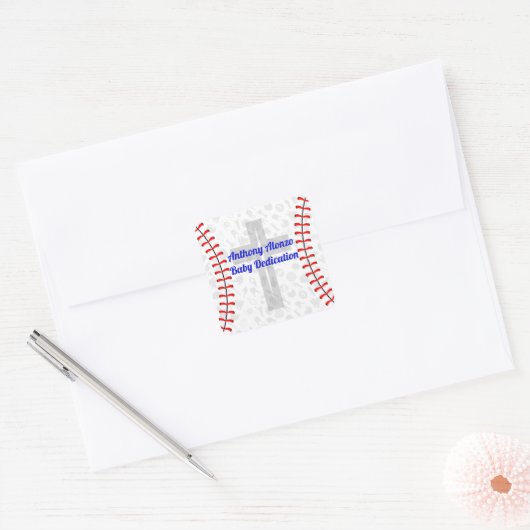 Custom Baseball Baby Dedication w/ Cross Vierkante Sticker (Envelop)