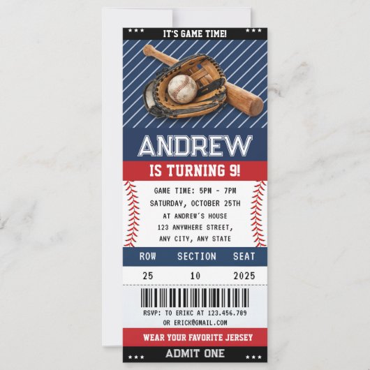 Custom Baseball Ticket Birthday with photo for boy Kaart (Voorkant)