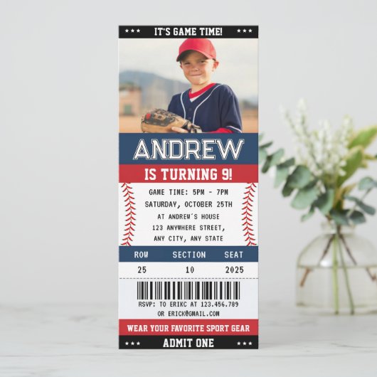 Custom Baseball Ticket Sport Verjaardag met foto Kaart (Staand voorkant)