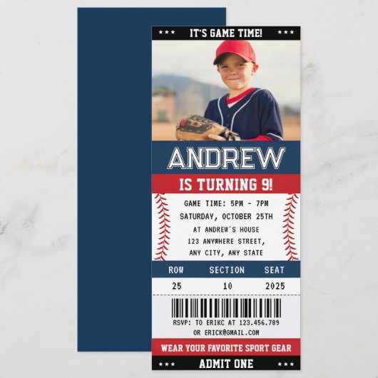 Custom Baseball Ticket Sport Verjaardag met foto Kaart (Voorkant / Achterkant)