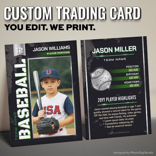 Custom Baseball Trading Card, Green Power Player Contactkaartje