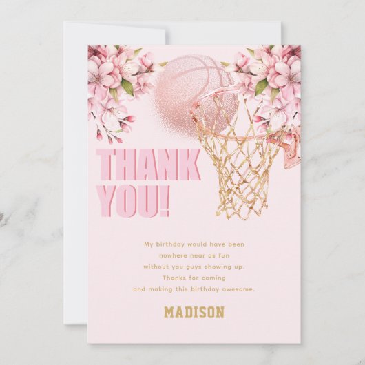 Custom Basketbal Luxe Meisje Verjaardag Bedankkaart (Voorkant)