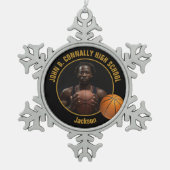 Custom Basketball Player Photo Black Gold Tin Sneeuwvlok Ornament (Voorkant)